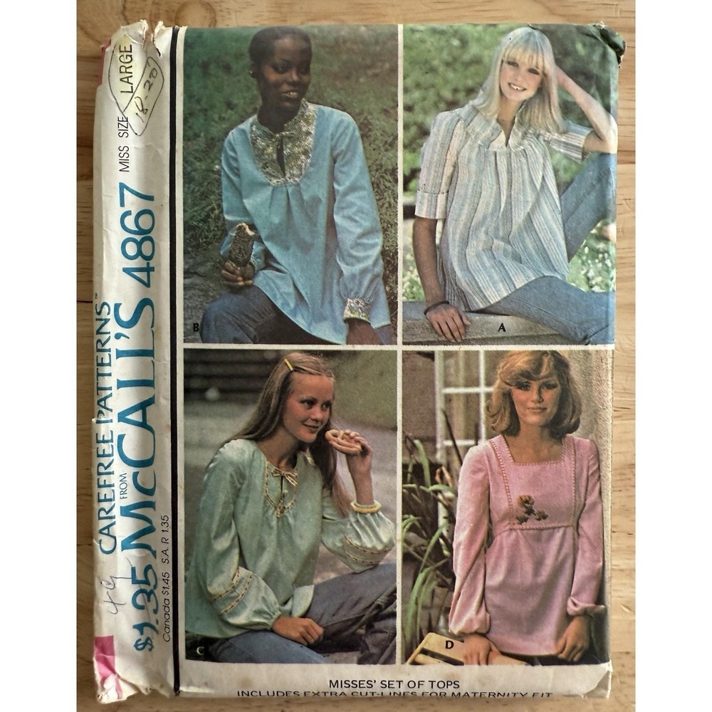 VTG McCall's Pattern 4867 Misses' Set Of Tops w Maternity-fit Option Size L UC
